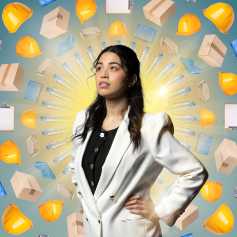 A confident woman in a white blazer stands with hands on hips against a circular backdrop of construction objects, like helmets and boxes, radiating outward.