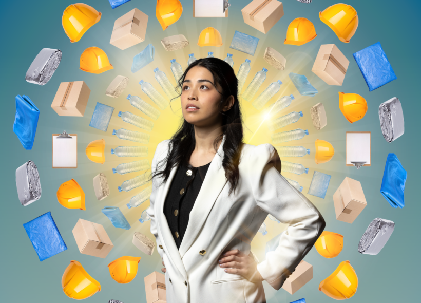 A confident woman in a white blazer stands with hands on hips against a circular backdrop of construction objects, like helmets and boxes, radiating outward.
