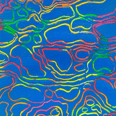 An expressive, colourful artwork of the surface of the water, showcasing the sgraffito technique. 