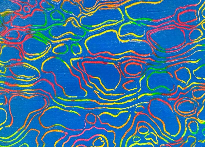 An expressive, colourful artwork of the surface of the water, showcasing the sgraffito technique. 