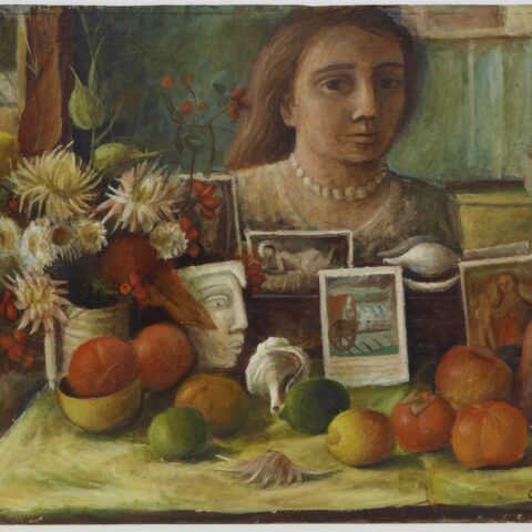 Still life painting featuring a table with fruits and flowers. Behind, a woman's portrait and various artworks. Warm, nostalgic tone.