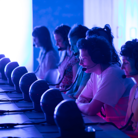 A row of people wearing headsets sit at computers in a dimly lit room with blue and pink lighting. 
