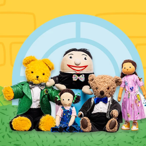 A group of play school stuffed toy characters including Big Ted, Little Ted, Jemima, Kiya and Fergus