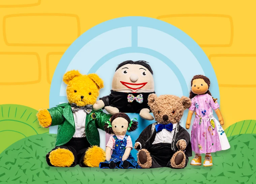 A group of play school stuffed toy characters including Big Ted, Little Ted, Jemima, Kiya and Fergus