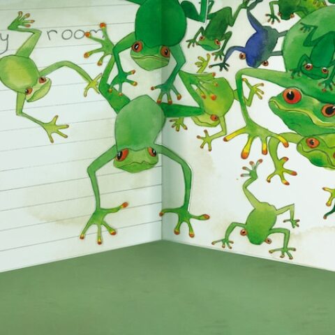 notebook wallpaper with bright green frogs drawn to be jumping off the page