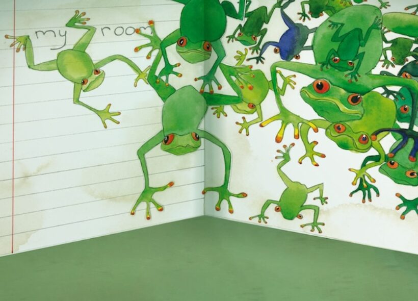 notebook wallpaper with bright green frogs drawn to be jumping off the page