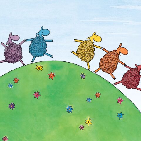 illustration of five colourful sheep dancing together across a grassy hill 
