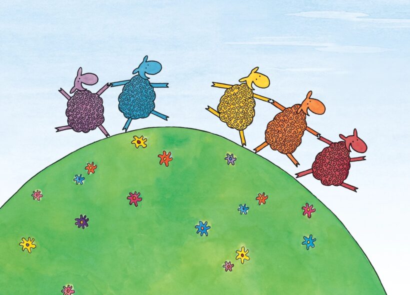 illustration of five colourful sheep dancing together across a grassy hill 