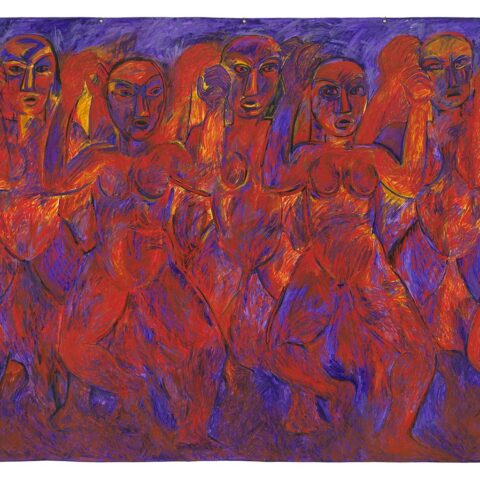Robyn Kahukiwa Tena i Ruia, 1987, acrylic on canvas, collection of Christchurch Art Gallery Te Puna o Waiwhetū