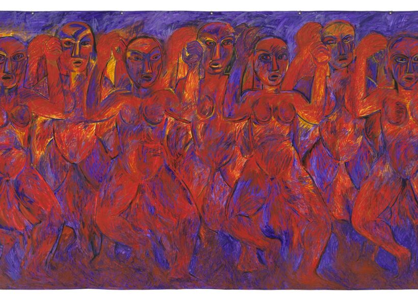 Robyn Kahukiwa Tena i Ruia, 1987, acrylic on canvas, collection of Christchurch Art Gallery Te Puna o Waiwhetū