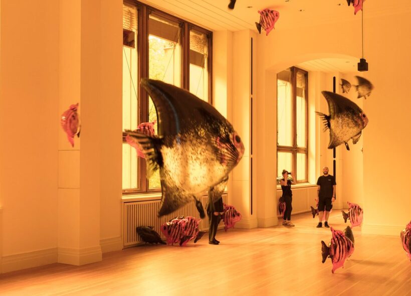 A sunlit museum gallery glows amber as visitors walk among oversized suspended fish sculptures, creating a calm, dreamlike exhibition.