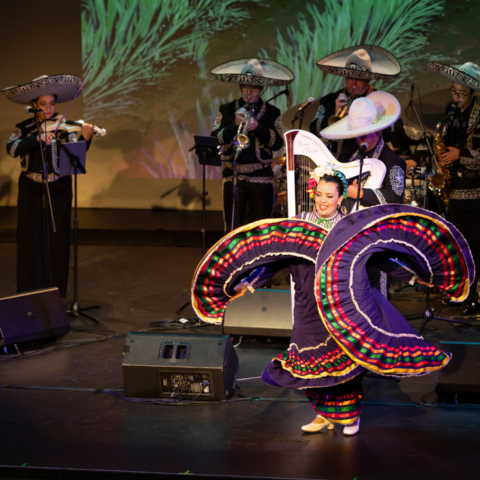 A woman dances on stage in a colourful dress, behind her a mariachi band plays 