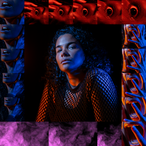 Artistic collage featuring a central portrait of Zahra Newman in dramatic blue and orange lighting against a black background. Surrounding the portrait are repeated close-up panels showing a mouth, a wide-open eye, and an open mouth with hands near the face, all tinted in vivid blue, red, and orange. A band of purple smoke-like texture spans the bottom of the composition, creating a surreal, high-contrast visual style.