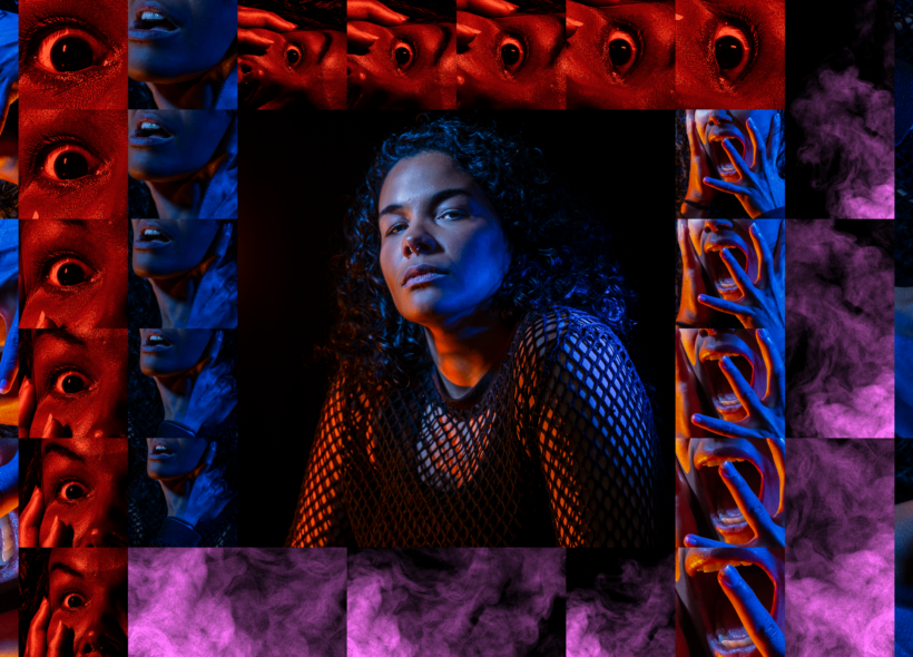 Artistic collage featuring a central portrait of Zahra Newman in dramatic blue and orange lighting against a black background. Surrounding the portrait are repeated close-up panels showing a mouth, a wide-open eye, and an open mouth with hands near the face, all tinted in vivid blue, red, and orange. A band of purple smoke-like texture spans the bottom of the composition, creating a surreal, high-contrast visual style.